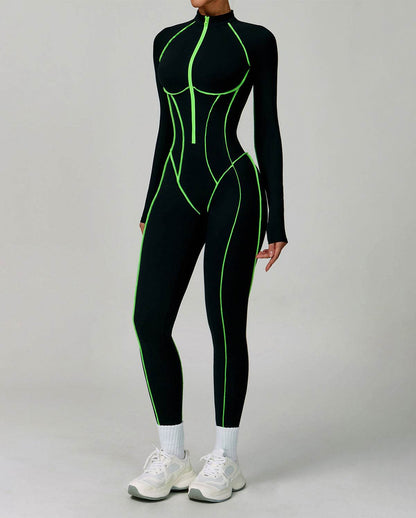 Three Dimensional Line Sports Backless Long Sleeve Jumpsuit