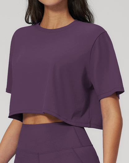 Short Sleeve Crop Tops Round Neck T-Shirts Loose Fit Blouse