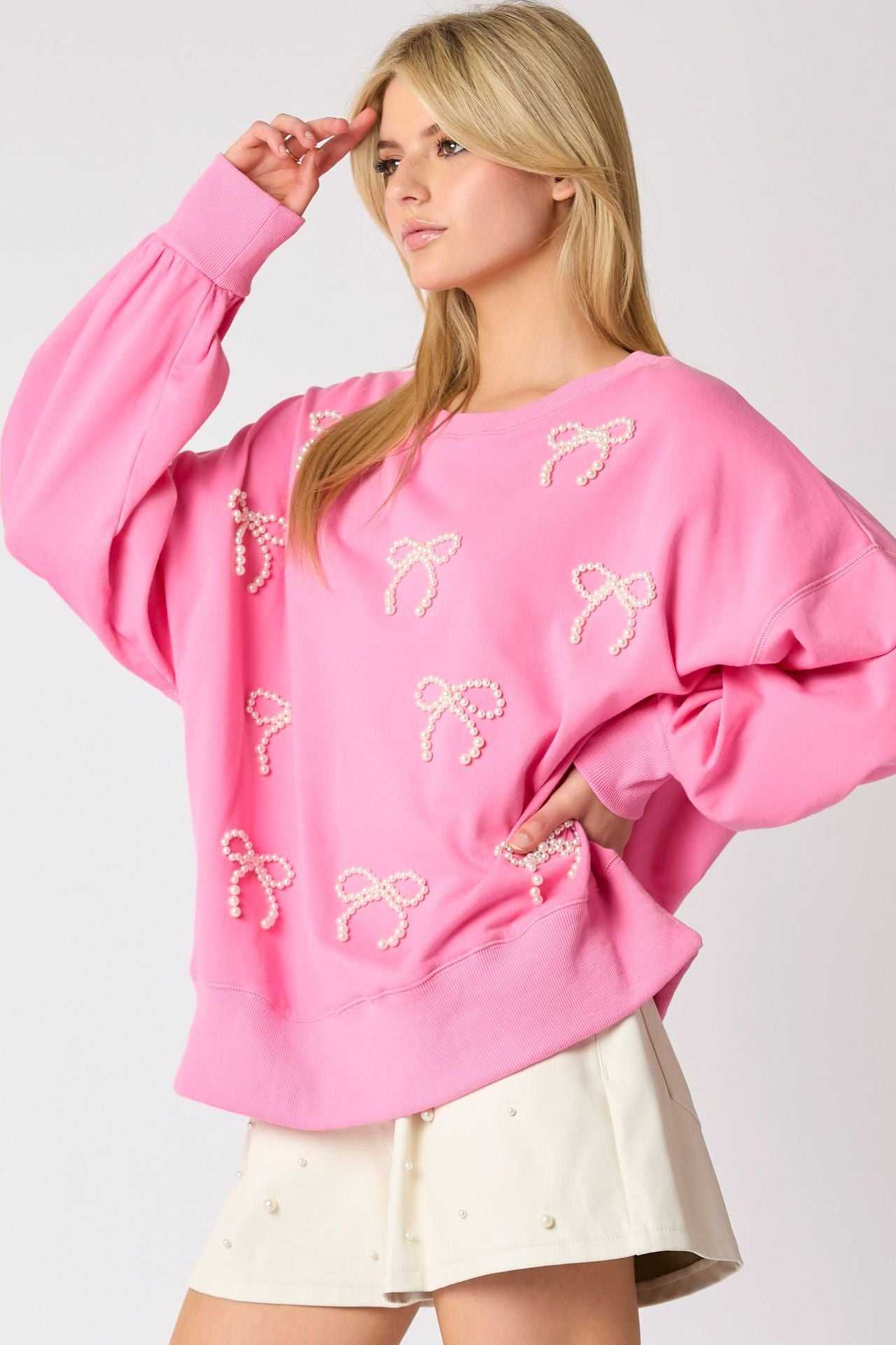 Pearl Bow Long Sleeve Sweatshirt | Ideal for Layering &amp; Everyday Wear