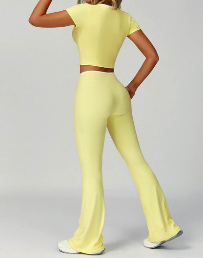 2 Pieces Activewear Set with Bow Crop Tops and Flare Pants