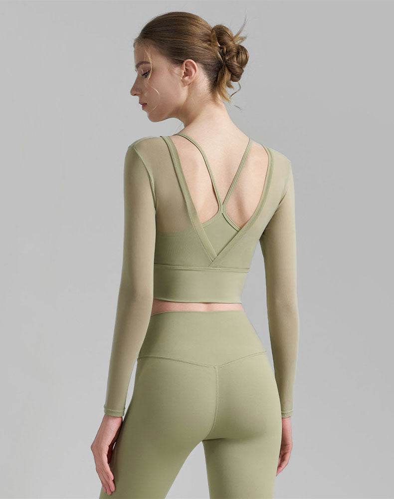 Mesh Long Sleeve Crop Tops V-shaped Cutout Back Yoga T-Shirt