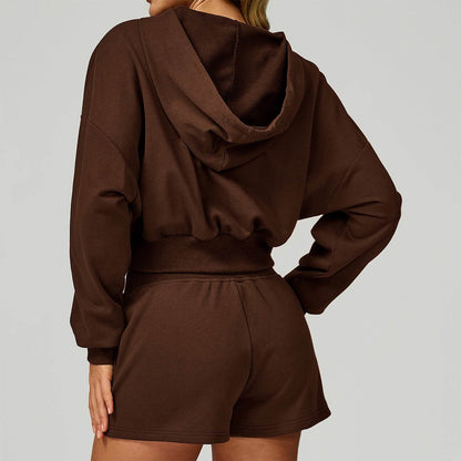 Long Sleeve Full Zip Up Crop Drawstring Hoodie Jacket