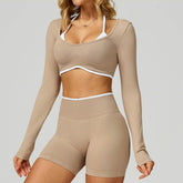Backless Long Sleeve Workout Crop Top Gym Shirt with Halter