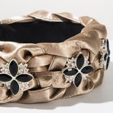 Hand Silks Satins Braided Headband with Four Leaf Flower Rhinestones