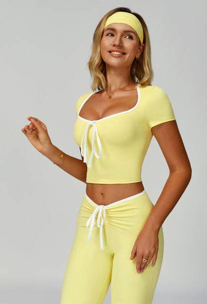 2 Pieces Activewear Set with Bow Crop Tops and Yoga Headband