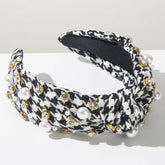 Classic Tweed Fabric Knotted Headband with Pearl and Rhinestone
