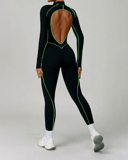Three Dimensional Line Sports Backless Long Sleeve Jumpsuit