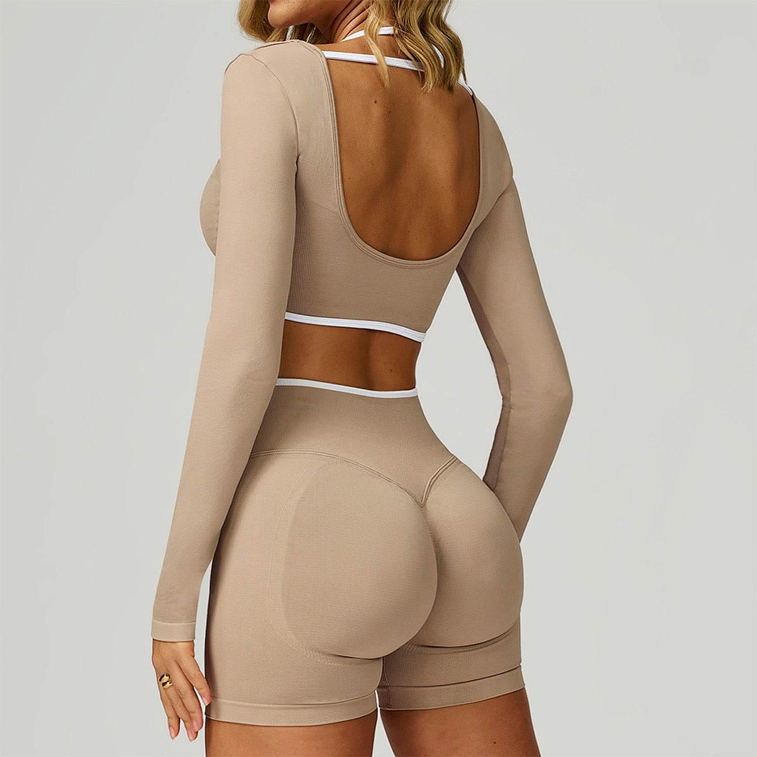 Backless Long Sleeve Workout Crop Top Gym Shirt with Halter
