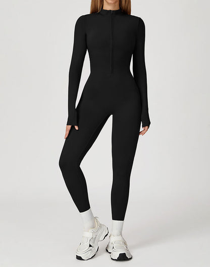 Long Sleeve Workout Jumpsuit Zip Up One Piece Bodysuit