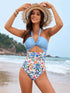 Halter One Piece Swimsuit with Leaf Print Cover Up Sarong Skirt