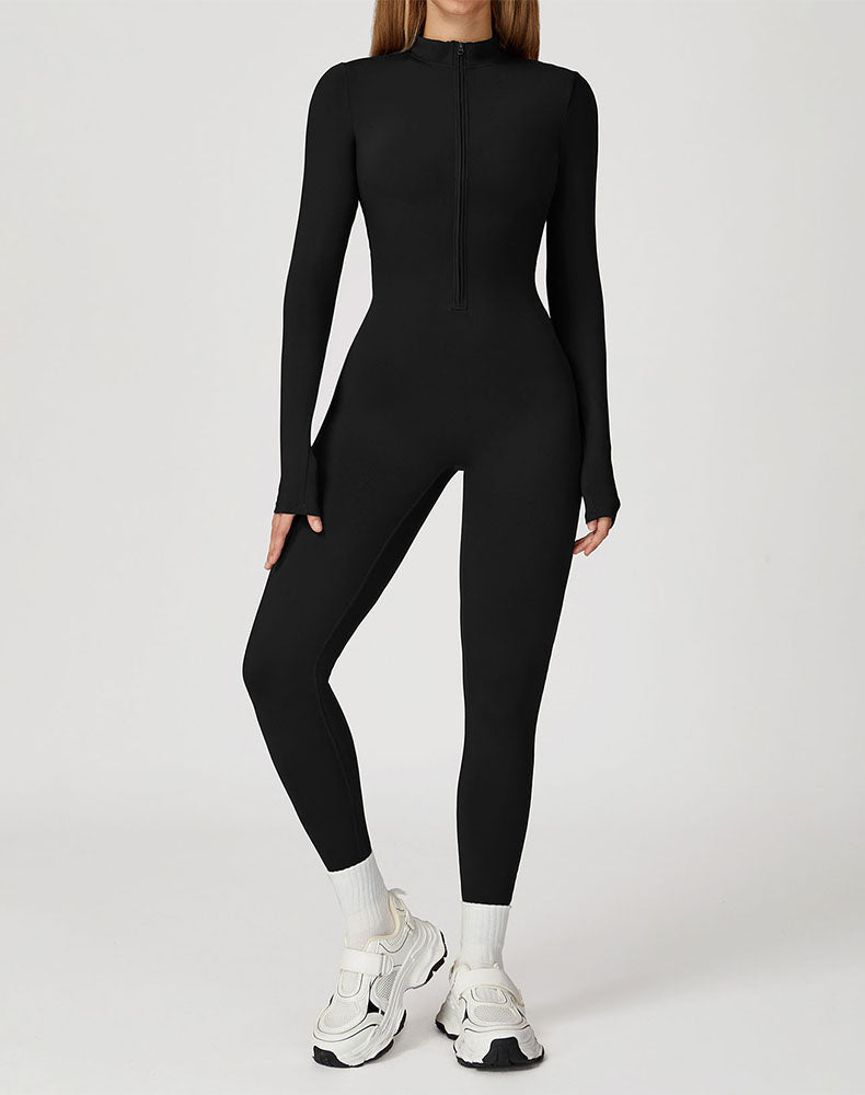 Long Sleeve Yoga Jumpsuit Zip Up Bodysuit with Chest Pads