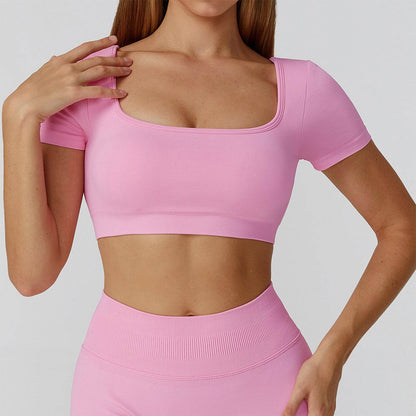 Short Sleeve Crop Top Yoga T-Shirt with Built in Bra