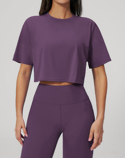 Short Sleeve Crop Tops Round Neck T-Shirts Loose Fit Blouse