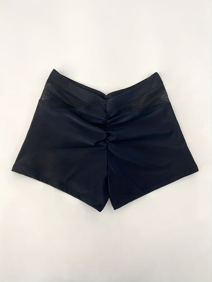 Chic Black Contrast Mesh High-Waist Swimsuit Shorts