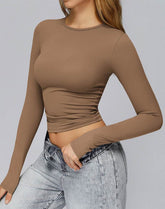 Crewneck Long Sleeve Shirt Basic Tees Slim Fit Crop Tops
