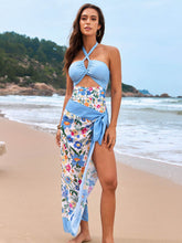 Halter One Piece Swimsuit with Leaf Print Cover Up Sarong Skirt