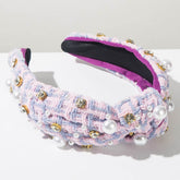 Classic Tweed Fabric Knotted Headband with Pearl and Rhinestone