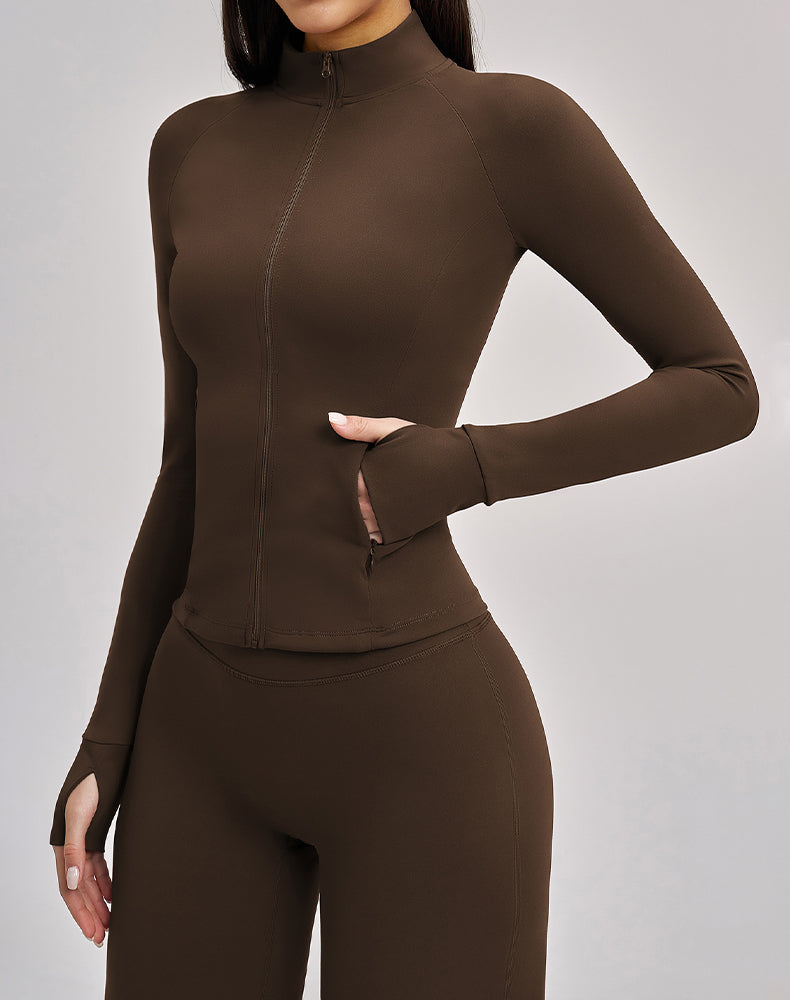 Cropped Athletic Jacket with Pockets and Thumb Holes