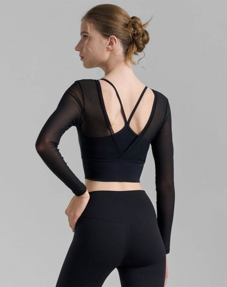 Mesh Long Sleeve Crop Tops V-shaped Cutout Back Yoga T-Shirt