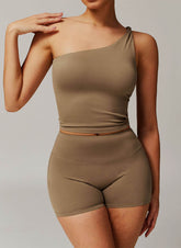 Active Wear Set with One Shoulder Knot Design Tank Top and Shorts