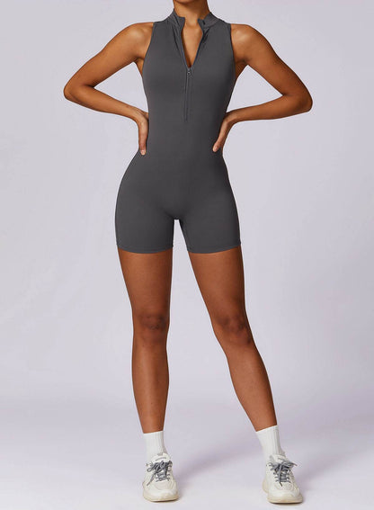 Zip Up Sleeveless Workout Shorts Jumpsuit