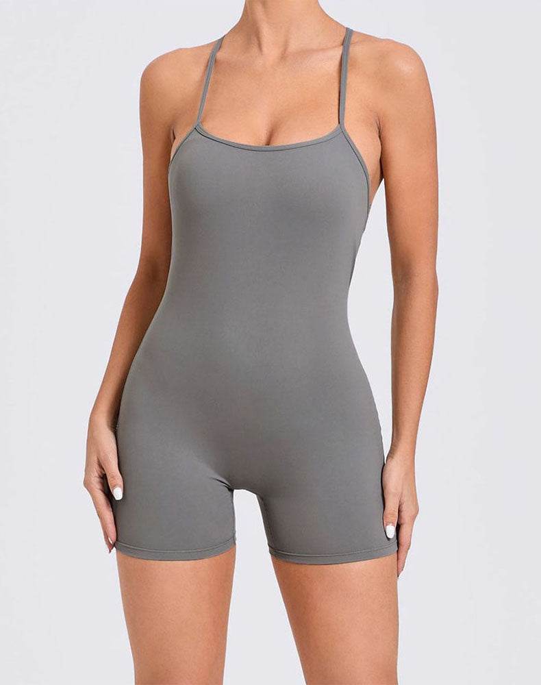 Criss Cross Short Bodysuit One Piece Yoga Jumpsuit - Dark Gray