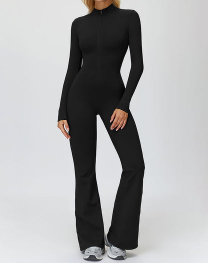 Long Sleeve Flare Workout Jumpsuit Zip Up Wide Leg Bodysuit