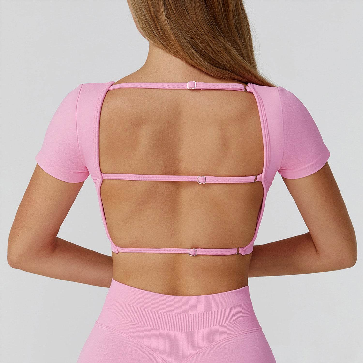 Short Sleeve Crop Top Yoga T-Shirt with Built in Bra