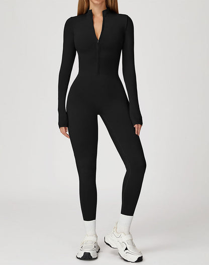Long Sleeve Workout Jumpsuit Zip Up One Piece Bodysuit