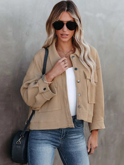 Lapel Collar Waffle Knit Short Jacket | Cozy &amp; Chic for Every Occasion