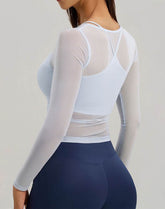 Long Sleeve Athletic Tops Yoga Wrap Mesh Shirts