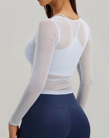 Long Sleeve Athletic Tops Yoga Wrap Mesh Shirts