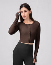 Long Sleeve Button Up Cropped Cardigan Crew Neck Tops