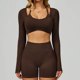 Backless Long Sleeve Workout Crop Top Gym Shirt with Halter