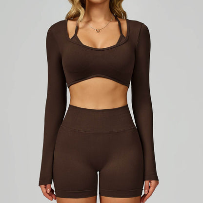Backless Long Sleeve Workout Crop Top Gym Shirt with Halter