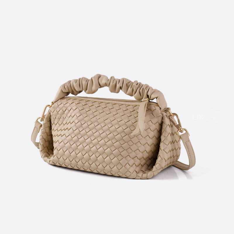 PU Leather Woven Handbag with Pleated Mushroom Edge