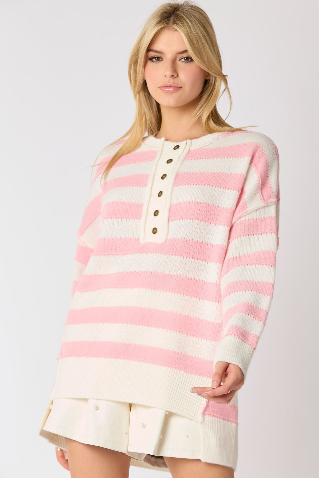 Long Sleeve Button Striped Pullover Sweater