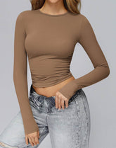 Crewneck Long Sleeve Shirt Basic Tees Slim Fit Crop Tops
