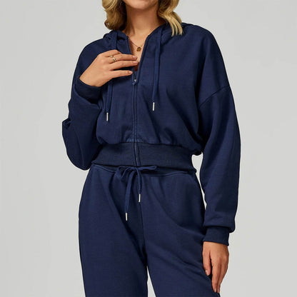 Long Sleeve Full Zip Up Crop Drawstring Hoodie Jacket