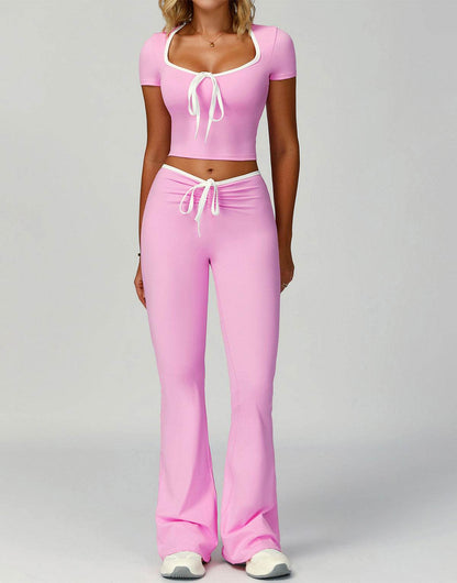 2 Pieces Activewear Set with Bow Crop Tops and Flare Pants