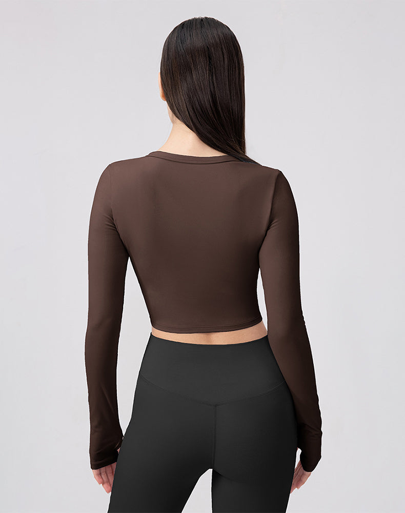 Long Sleeve Button Up Cropped Cardigan Crew Neck Tops