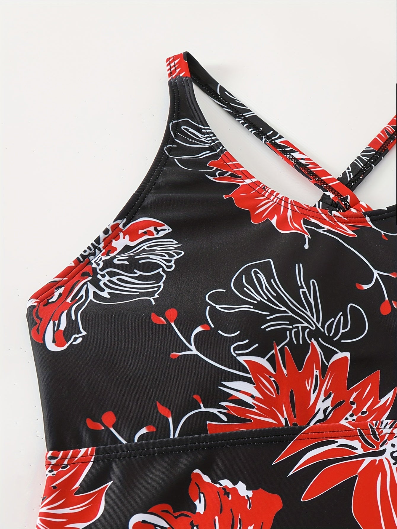 Floral Print Drawstring Criss Cross 2 Piece Tankini Set