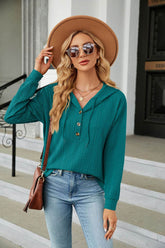 Button Hooded Sweatshirt Loose Long Sleeve Casual Tops