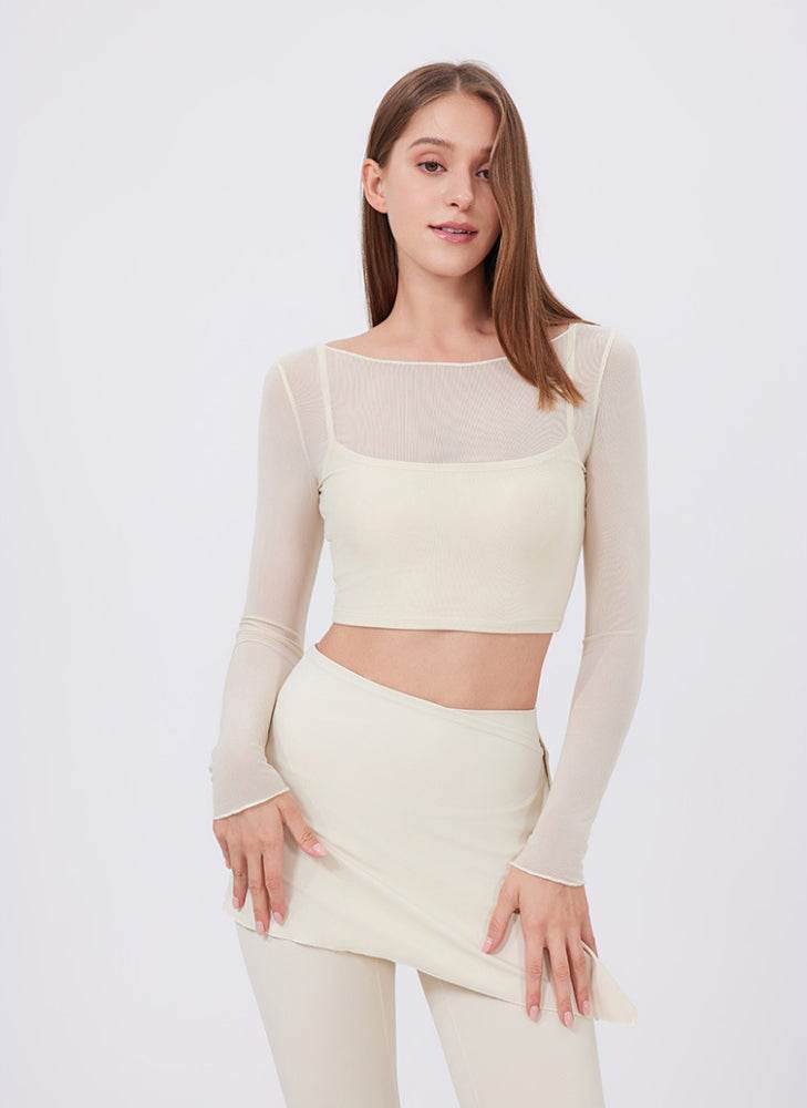 Long Sleeve Mesh Sports T-Shirt - Milk Apricot