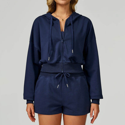 Long Sleeve Full Zip Up Crop Drawstring Hoodie Jacket