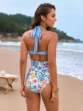 Halter One Piece Swimsuit with Leaf Print Cover Up Sarong Skirt