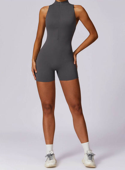 Zip Up Sleeveless Workout Shorts Jumpsuit