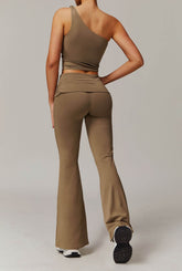 Active Wear Set with One Shoulder Knot Design Tank Top and Flare Pants