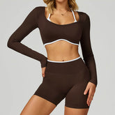Backless Long Sleeve Workout Crop Top Gym Shirt with Halter