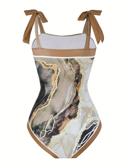 Chic Brown Marble Print Swimsuit Set